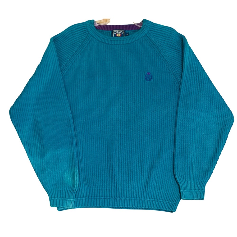 Vintage Chaps Ralph Lauren Sweater XL Teal Ribbed Cotton Knit 90s Grandpacore